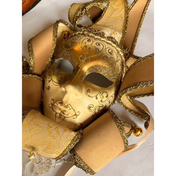 Handcrafted Venetian Jester Masquerade Mask With Gold Glitter Detailing & Ribbon - Picture 3 of 12